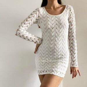 Free People | "Wild Thing Zig Zag" white knit backless long sleeve mini dress XS